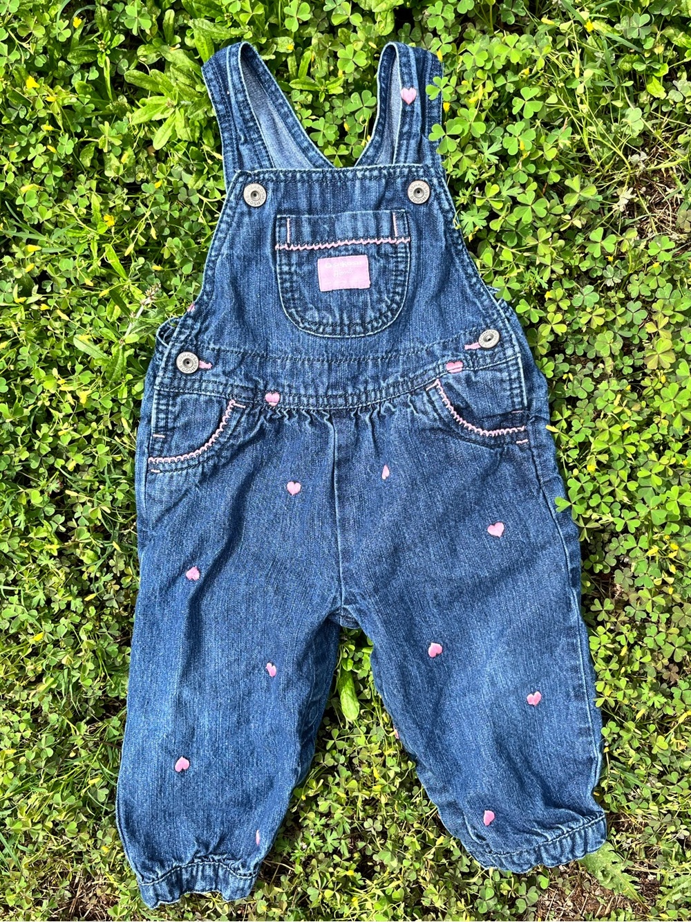 Oshkosh B’gosh Kids Denim Overalls with Light Pink Heart Embroidery